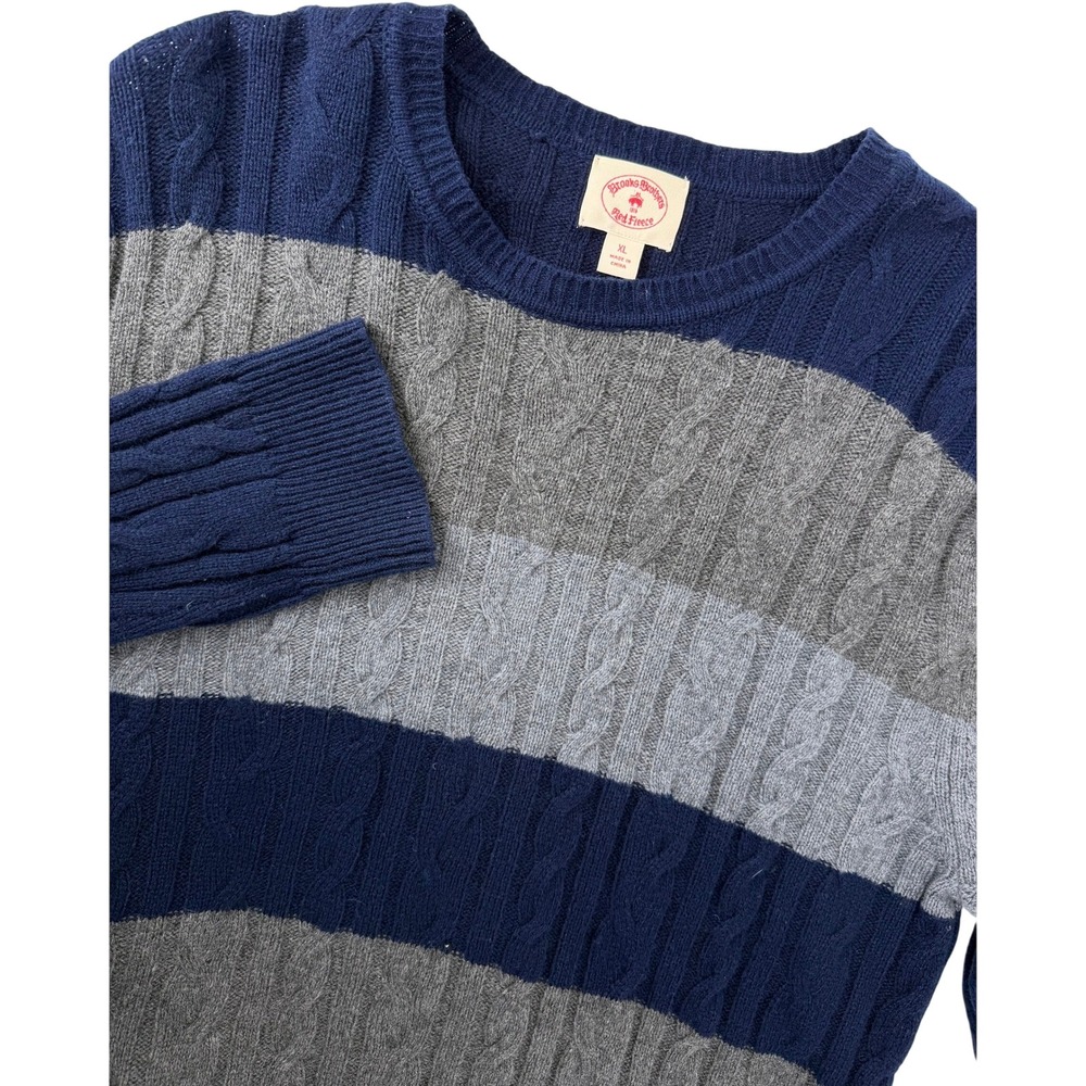 Brooks Brothers Red Fleece Mens XL Wool Blend Striped Cable Knit Sweater Navy